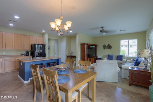 dining space featuring ceiling fan with notable chandelier, light tile patterned flooring, visible vents, and recessed lighting