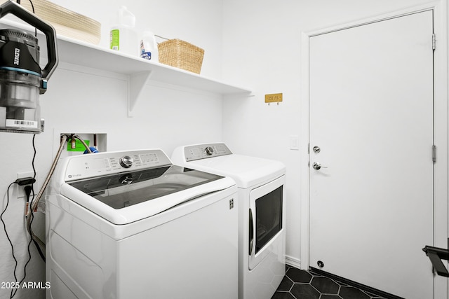 washroom featuring washer and clothes dryer and dark tile patterned flooring