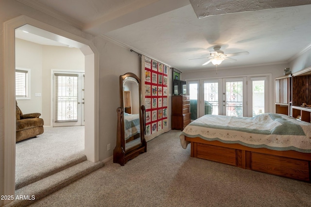 2125 E Elmwood St, Mesa, AZ 85213 - carpeted bedroom with access to outside, french doors, crown molding, arched walkways, and ceiling fan