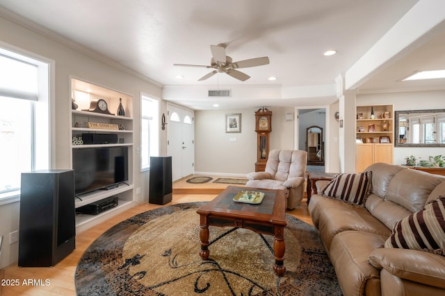 2125 E Elmwood St, Mesa, AZ 85213 - living area with light wood-type flooring, a ceiling fan, built in features, recessed lighting, and ornamental molding
