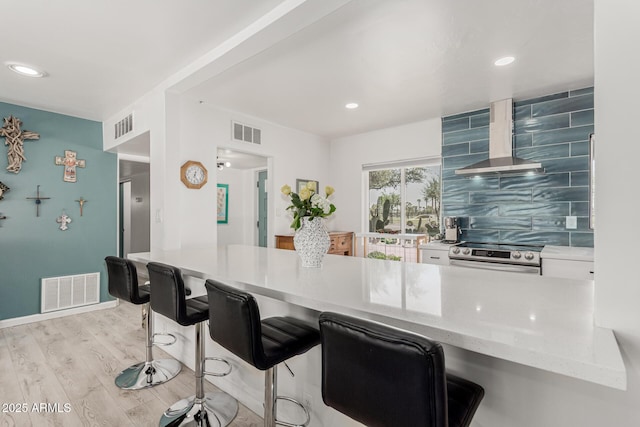 1814 W Thomas Rd, Phoenix, AZ 85015 - kitchen featuring stainless steel range with electric cooktop, wall chimney exhaust hood, backsplash, a kitchen bar, and light wood-style flooring
