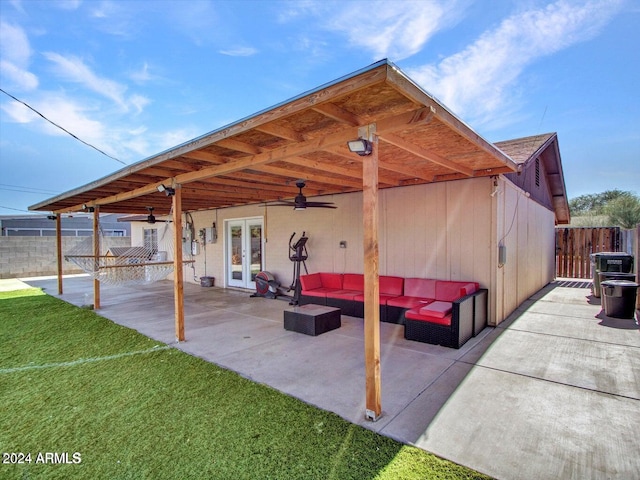 view of patio with ceiling fan, french doors, and an outdoor hangout area