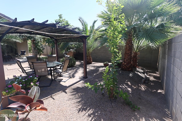 view of patio with a pergola, outdoor dining space, and a fenced backyard