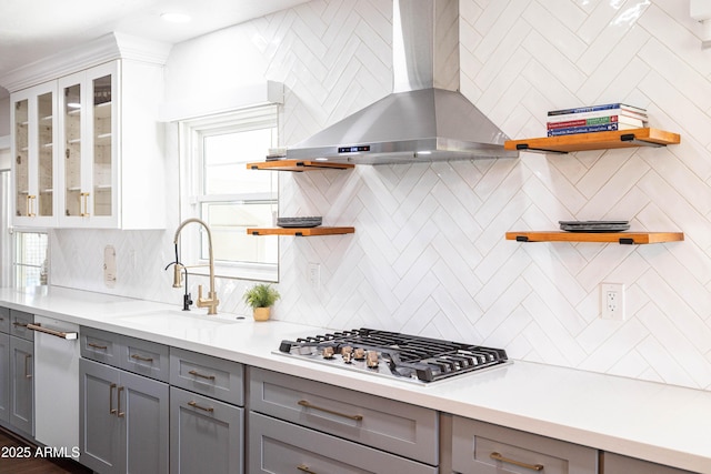 546 W Cambridge Ave, Phoenix, AZ 85003 - kitchen featuring wall chimney exhaust hood, open shelves, gray cabinetry, and stainless steel gas stovetop
