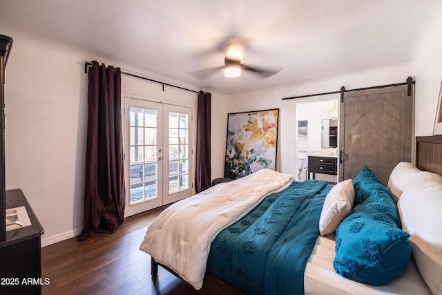 546 W Cambridge Ave, Phoenix, AZ 85003 - bedroom featuring access to exterior, dark wood-style floors, french doors, a barn door, and baseboards