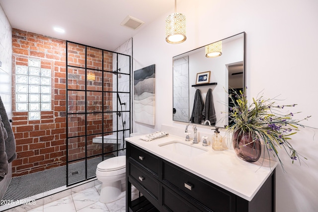 546 W Cambridge Ave, Phoenix, AZ 85003 - full bath featuring marble finish flooring, toilet, vanity, a shower stall, and brick wall