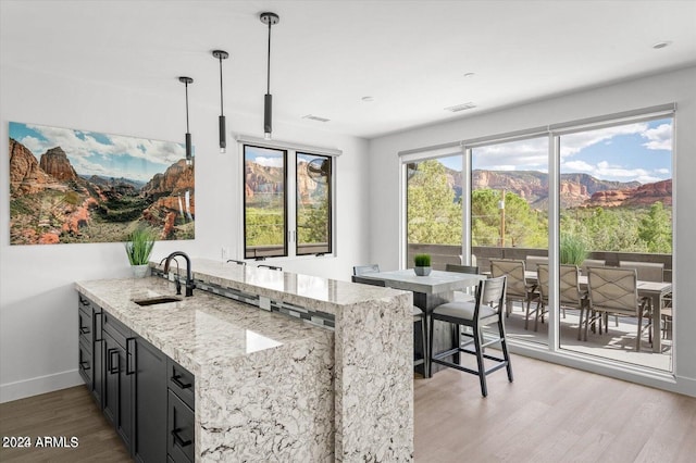 kitchen featuring light stone counters, hanging light fixtures, sink, and light hardwood / wood-style flooring