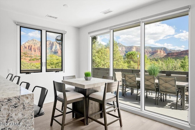 dining room featuring a mountain view and light hardwood / wood-style flooring