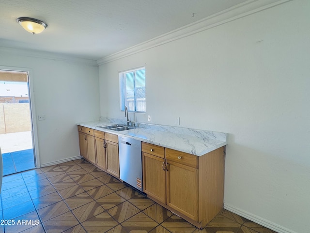 kitchen featuring a sink, dishwashing machine, ornamental molding, brown cabinets, and baseboards