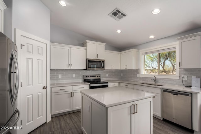 32431 N 226th Ave, Wittmann, AZ 85361 - kitchen featuring stainless steel appliances, a sink, lofted ceiling, dark wood finished floors, and light countertops