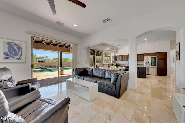 living room with ceiling fan