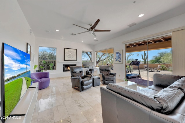 living room with ceiling fan