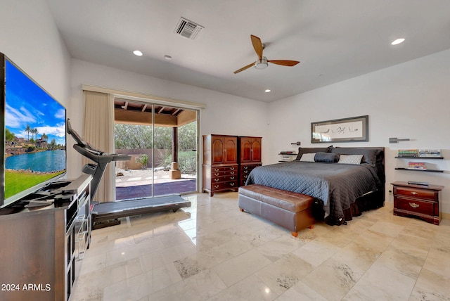 bedroom with ceiling fan and access to exterior