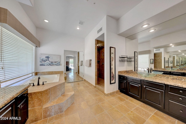 bathroom with a wealth of natural light, vanity, and a relaxing tiled tub