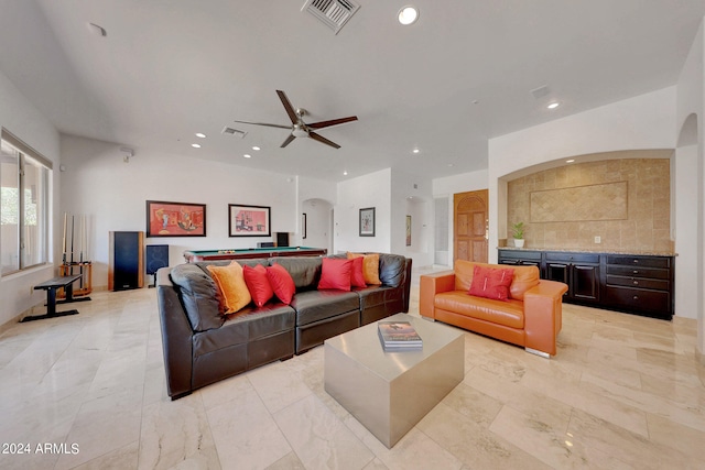 living room with ceiling fan