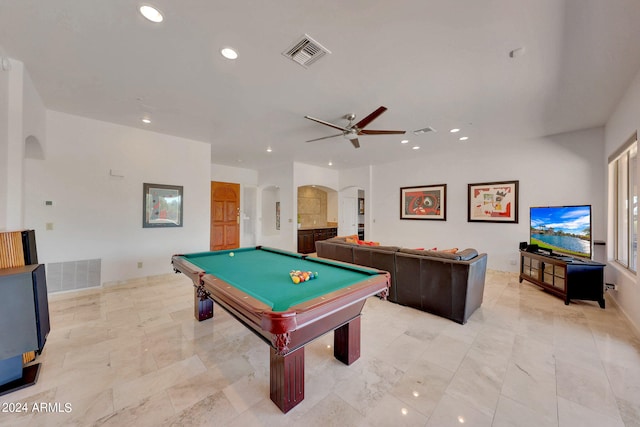 game room featuring ceiling fan and billiards