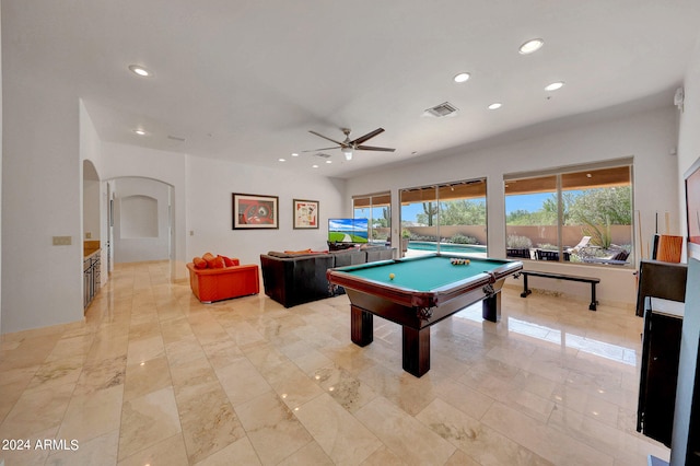 recreation room featuring pool table, ceiling fan, and a wealth of natural light