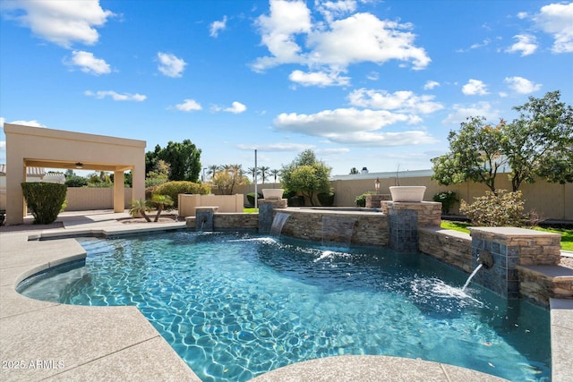 view of swimming pool with a fenced backyard, a fenced in pool, and a patio