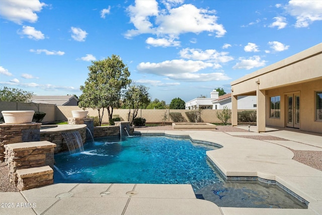 view of pool with a fenced backyard, a fenced in pool, and a patio