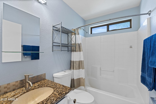 full bathroom featuring toilet, shower / tub combo, and vanity