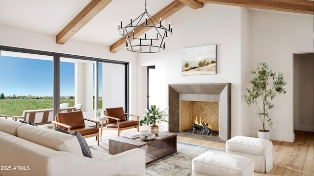 living area featuring high vaulted ceiling, hardwood / wood-style flooring, a premium fireplace, baseboards, and beamed ceiling