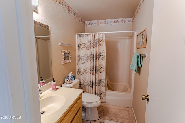 full bathroom featuring tile patterned flooring, vanity, shower / tub combo, and toilet