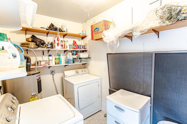 laundry area with washer and clothes dryer, electric water heater, and a textured ceiling