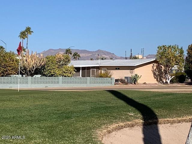 rear view of property with a mountain view and a yard