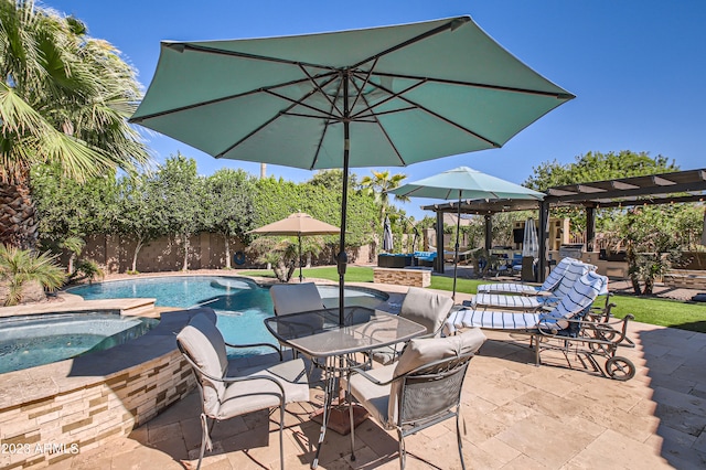 view of patio with a pergola, a fenced backyard, an outdoor pool, and an in ground hot tub