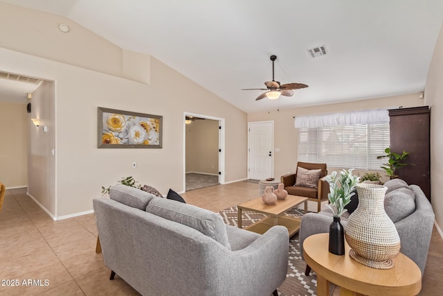 living area featuring visible vents, light tile patterned flooring, ceiling fan, vaulted ceiling, and baseboards