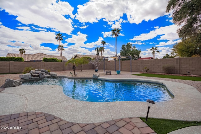 view of pool featuring a fenced in pool, a fenced backyard, and a patio