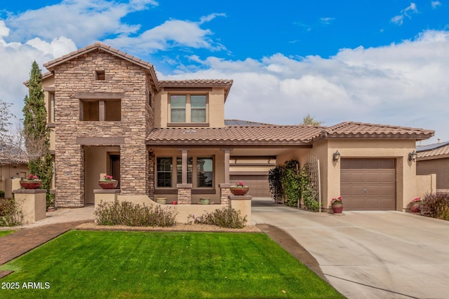 view of front of property with stucco siding, driveway, stone siding, an attached garage, and a front yard