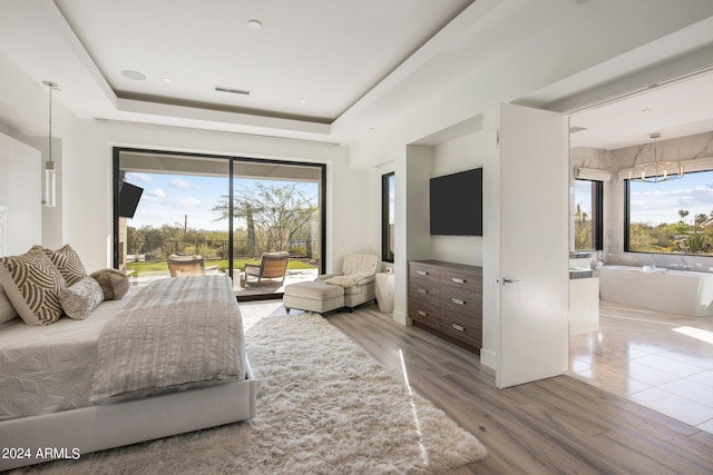 bedroom featuring hardwood / wood-style flooring, access to exterior, and a tray ceiling