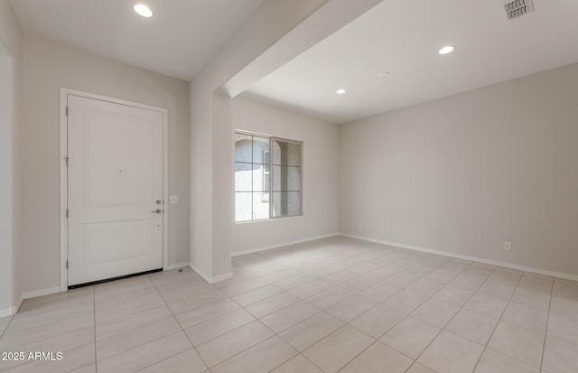 entrance foyer with recessed lighting, visible vents, baseboards, and light tile patterned flooring