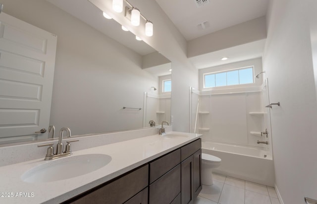 bathroom with  shower combination, tile patterned flooring, a sink, and toilet