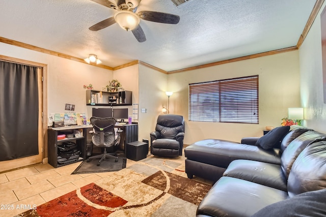 tiled office space with ceiling fan, ornamental molding, and a textured ceiling