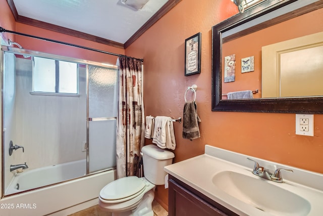 full bathroom featuring crown molding, shower / tub combo with curtain, vanity, and toilet