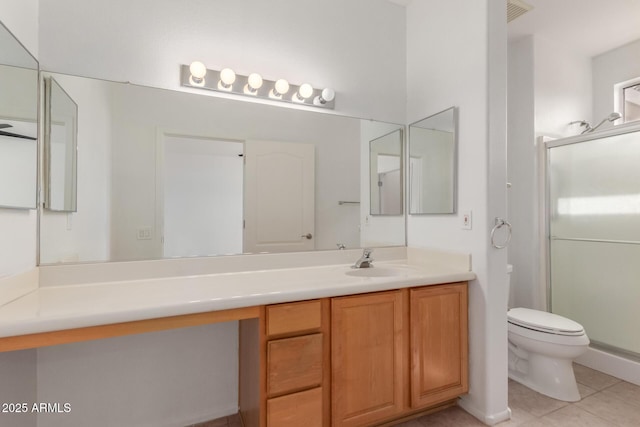 full bath with vanity, visible vents, tile patterned flooring, a shower stall, and toilet