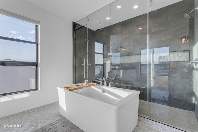 bathroom with tile patterned flooring and plus walk in shower