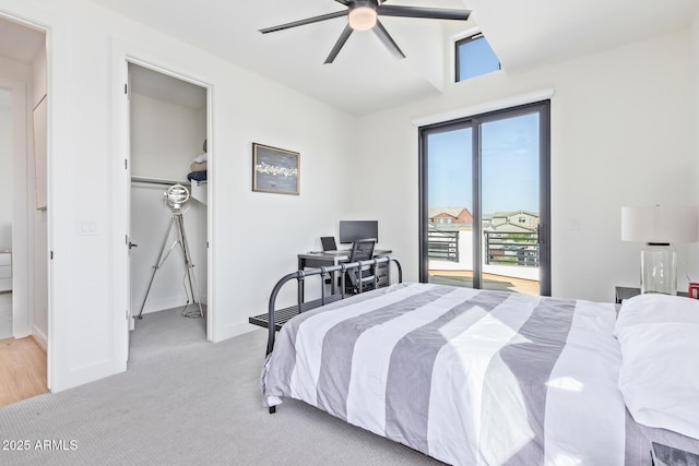 bedroom featuring access to exterior, light carpet, and ceiling fan