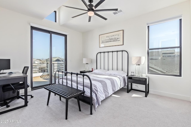 bedroom with access to outside, light colored carpet, and ceiling fan