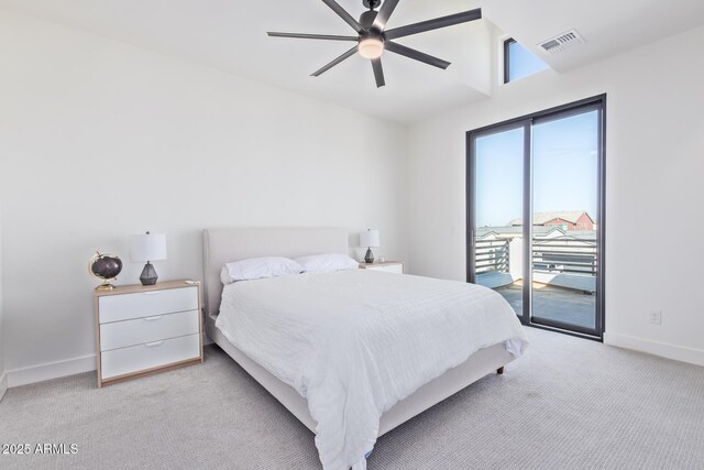 carpeted bedroom featuring access to outside and ceiling fan