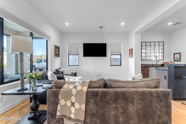 living room with light hardwood / wood-style floors and sink