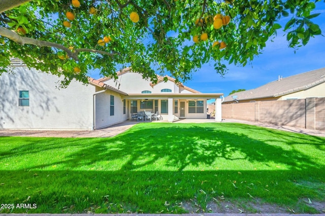 back of property with a yard, a patio, stucco siding, and fence