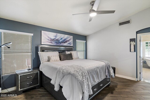7925 E Osage Ave, Mesa, AZ 85212 - bedroom featuring vaulted ceiling, dark wood-style flooring, baseboards, and a ceiling fan