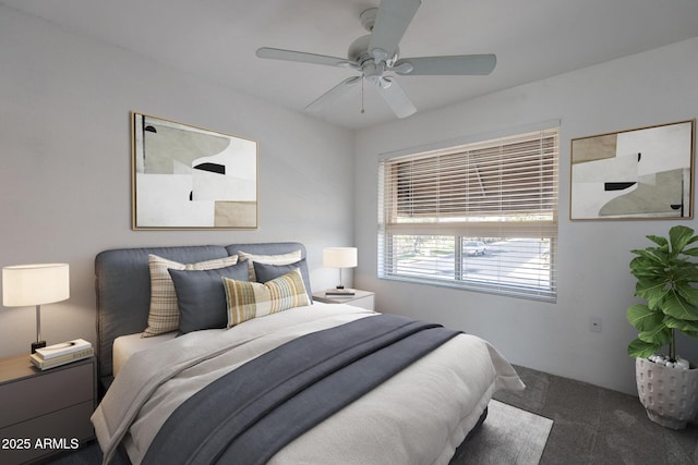 carpeted bedroom featuring ceiling fan