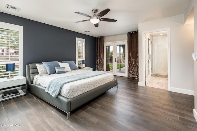 bedroom featuring french doors, visible vents, wood finished floors, access to outside, and baseboards