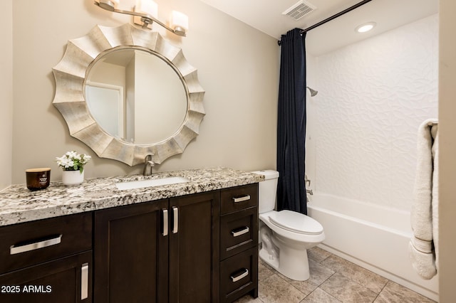 full bathroom featuring visible vents, shower / bathtub combination with curtain, toilet, vanity, and tile patterned flooring