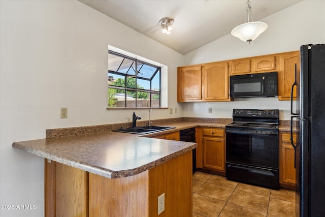 kitchen featuring a sink, a peninsula, lofted ceiling, black appliances, and light tile patterned floors