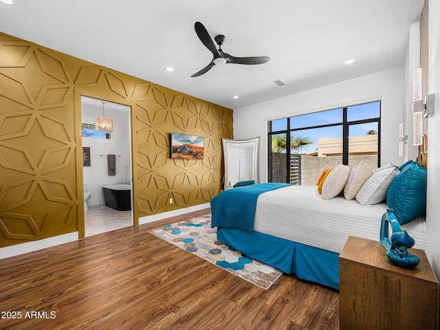 11649 N Miller Rd, Scottsdale, AZ 85260 - bedroom with connected bathroom, wood finished floors, baseboards, visible vents, and recessed lighting